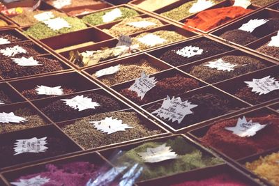 High angle view of spices on market