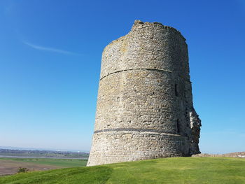 Low angle view of castle against clear blue sky