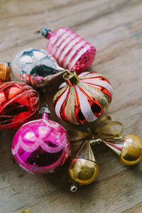 High angle view of multi colored candies on table