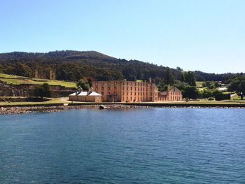 Scenic view of lake against clear sky