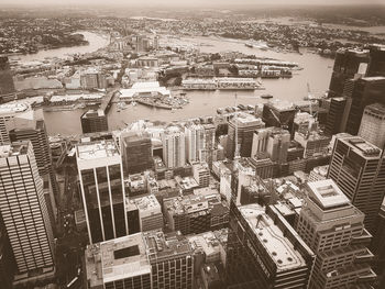 High angle view of modern buildings in city