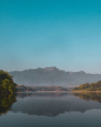 Scenic view of lake and mountains against clear sky