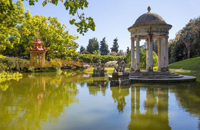 Gazebo in lake against sky