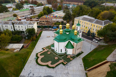 High angle view of townscape against buildings in town