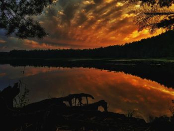 Scenic view of lake against orange sky