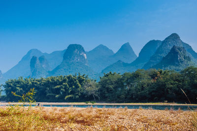 Scenic view of mountains against clear blue sky