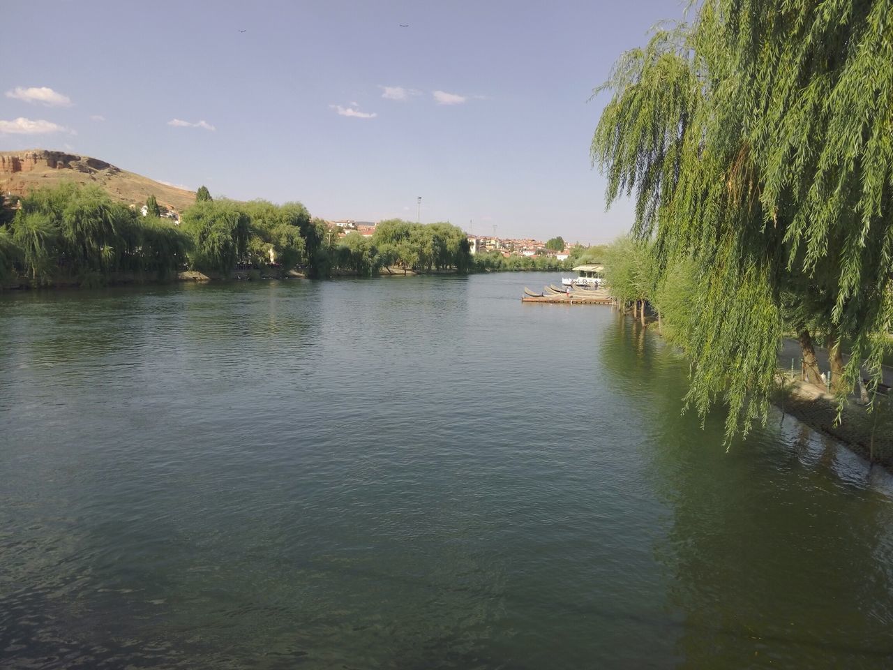 water, tree, sky, waterfront, river, tranquil scene, tranquility, riverbank, rippled, tourism, vacations, scenics, travel destinations, growth, green color, cloud, nature, day, swimming, outdoors, town, calm, non-urban scene, canal, water surface, sea, cloud - sky