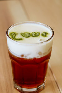 High angle view of drink on table
