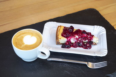 High angle view of breakfast served on table