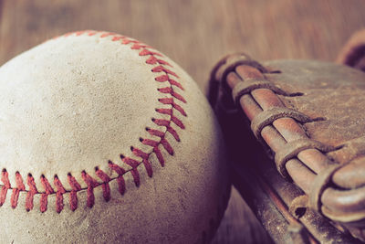 High angle view of baseball on table