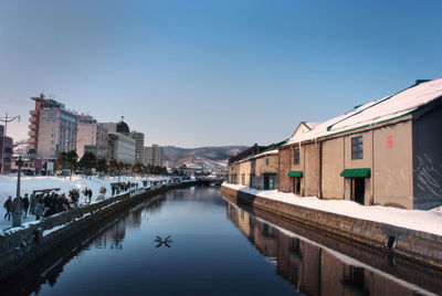 River amidst buildings against clear blue sky