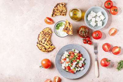 High angle view of food served on table