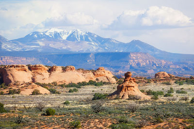 View of landscape with mountain range in background