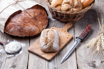 High angle view of bread in basket on table