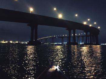 Suspension bridge over river at night