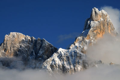 Low angle view of mountain against clear blue sky