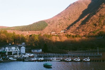 Scenic view of river by mountains against clear sky