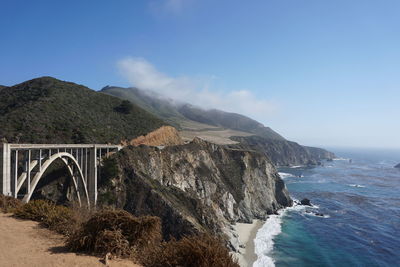 Bixby bridge amidst rock formation by sea against blue sky