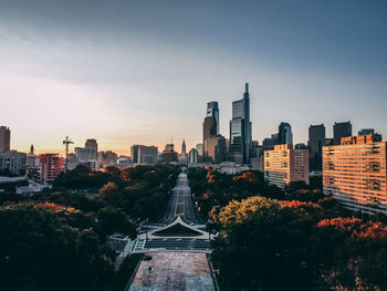 Aerial view of modern buildings in city against sky on a morning in philadelphia