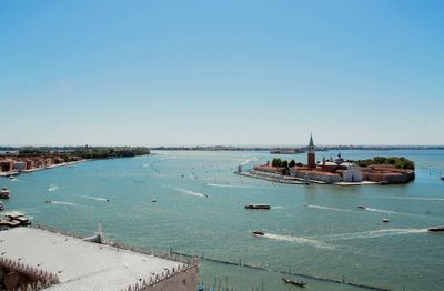 High angle view of sea against clear blue sky