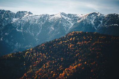 Scenic view of snowcapped mountains against sky