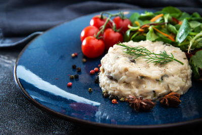 High angle view of salad in plate on table