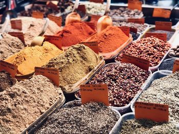 High angle view of food spices  for sale at market stall