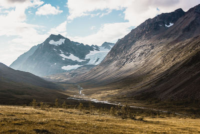 Scenic view of snowcapped mountains against sky