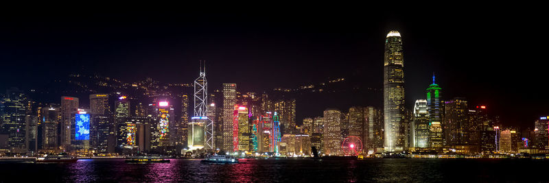 Illuminated city buildings at night