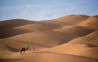 Full length of man with camel in desert