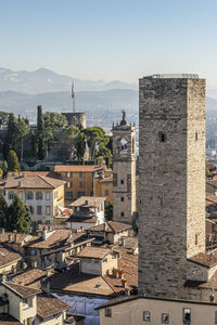 Aerial view of an old tower in bergamo