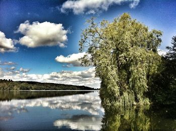 Scenic view of lake against cloudy sky