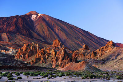 Scenic view of rocky mountains at el teide national park against clear blue sky