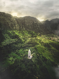 Scenic view of building and mountains against sky