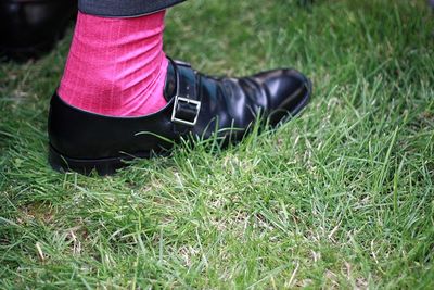 Low section of man wearing shoes on grass