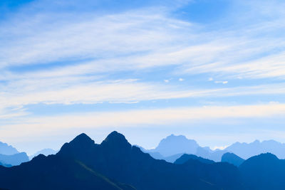 Scenic view of silhouette mountains against sky