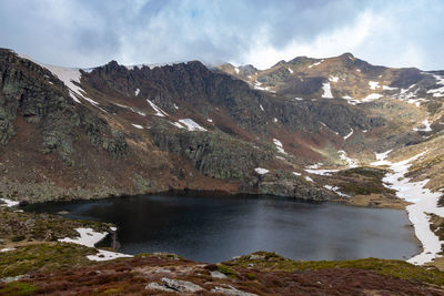 Scenic view of lake by mountains against sky