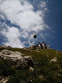 Low angle view of overhead cable car against sky