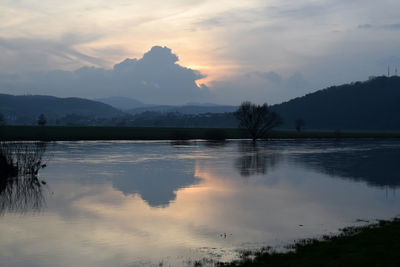 Scenic view of lake against sky during sunset