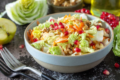 Close-up of salad served on table