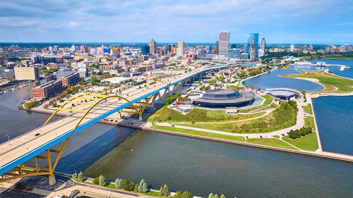 High angle view of city at waterfront