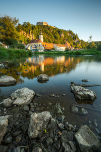 Scenic view of lake against clear sky