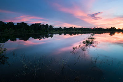 Scenic view of lake against sky at sunset