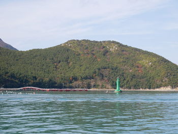 Scenic view of sea and mountains against sky