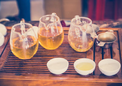 Close-up of wine glasses on table