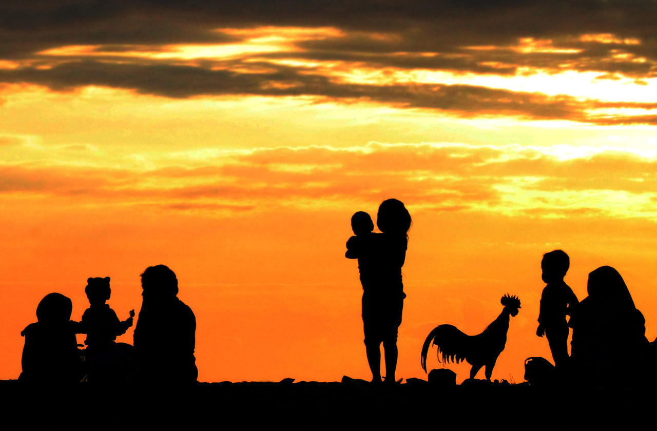 silhouette, sunset, sky, orange color, dog, group of people, nature, horizon, cloud, men, leisure activity, mammal, adult, animal, person, lifestyles, animal themes, togetherness, back lit, afterglow, land, domestic animals, activity, sun, beauty in nature, child, outdoors, women, friendship, evening, backlighting, childhood, pet, dusk