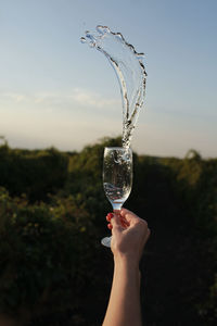 Female hand holding a glass of fresh water on a nature and sky background