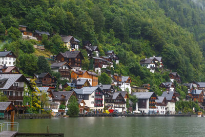 Buildings by river in town