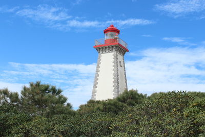 Low angle view of lighthouse by building against sky