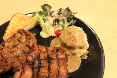 Close-up of meal served on table